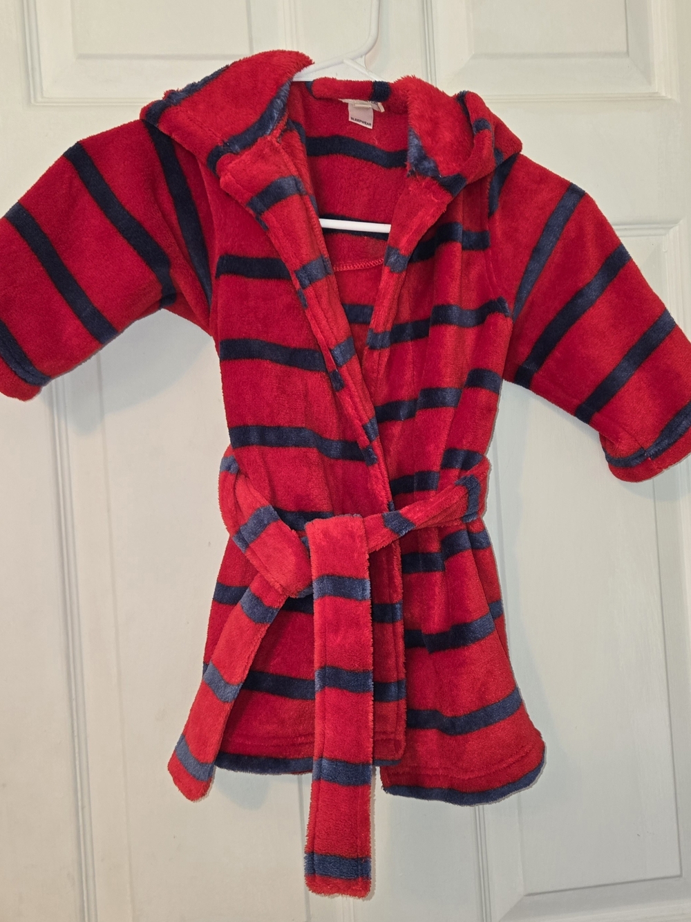 Tucker +Tate Kids Hooded Plush Stripe Bathrobe - Red and Navy SZ 2